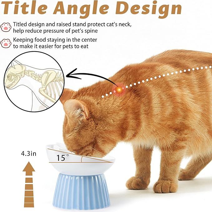 Ceramic Raised Cat Bowl，Tilted Raised Bowl Anti Vomit for Indoor Cats Whisker Friendly Pet Feeder for Cats Puppies, Microwave and Dishwasher Safe (Pink)