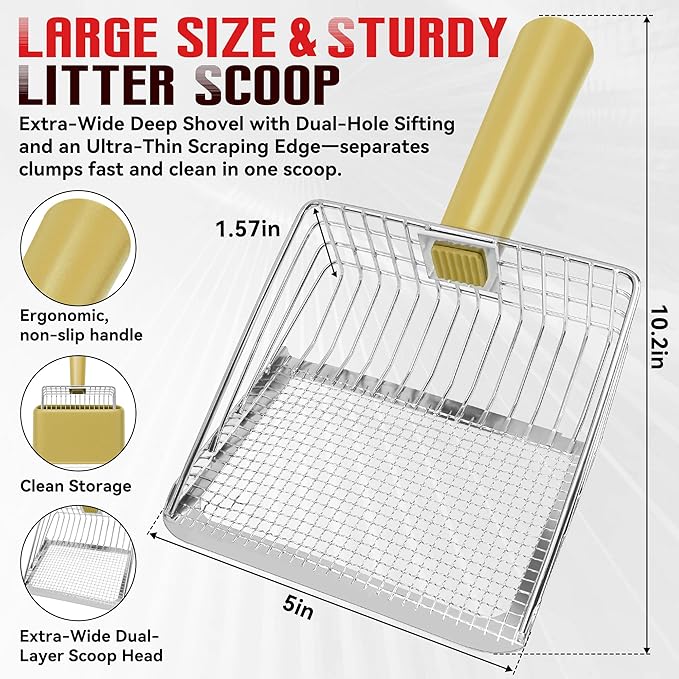 Metal Cat Litter Scoop with Holder, Heavy Duty Cat Scooper for Litter Box, Large Deep Sifter Shovel with Dual-Hole Design (10mm/5mm) for Pellets, Pine & Clay, Non-Stick Scraping Edge, Yellow