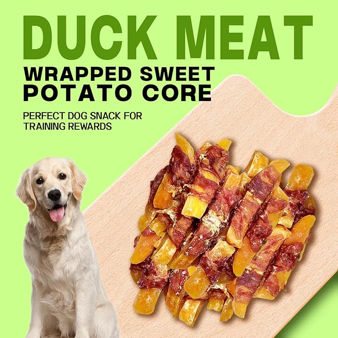 Duck Meat Wrapped Sweet Potato Dog Treats - 10 Oz (285g) Natural Jerky, Hypoallergenic for Sensitive Stomachs, Fiber-Rich, Healthy Snacks for Dogs