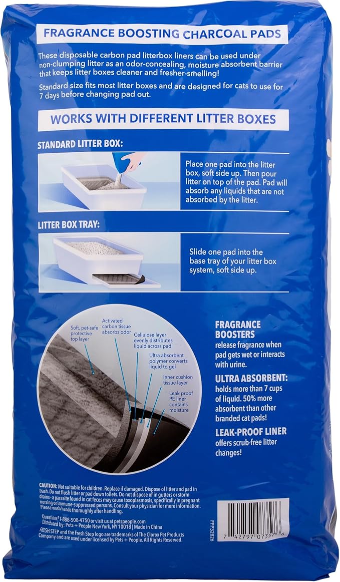 Fresh Step Charcoal Litter Box Pads - Ultra-Absorbent Cat Litter Pads with Activated Carbon for Odor Control, 16.9" x 11.4" - 7 Count