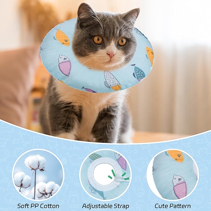 Seyezo Cat Cone Collar Soft, Adjustable Cat Recovery Collars Kitten Cones to Stop Licking, Cute Donut Cones for Cats After Surgery, Elizabethan Collar for Kittens After Spay(Blue Fish, Large)