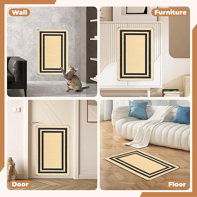 Cat Scratcher Mat, 23.6x15.7 Inch Natural Sisal Cat Scratch Pad, Horizontal Cat Scratching Pad Rug for Indoor Cats with Sticky Tapes, Protect Couch & Carpets（Beige Black）