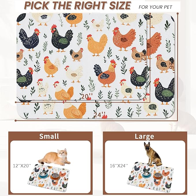 Rooster Dog Cat Food Mat,Hen Chicken Meadow Absorbent Pet Feeding Mat for Food and Water,Non-Slip Dog Bowl Mats Floor Protector 16"x24"