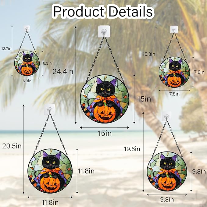 Stained Glass Window Hanging Black Cat Orange Pumpkin Large 15" - Suncatcher Door Garden Kitchen Sun Catcher Home Decor Birthday for Lost Pets Mom Men Woman Friend Grandma