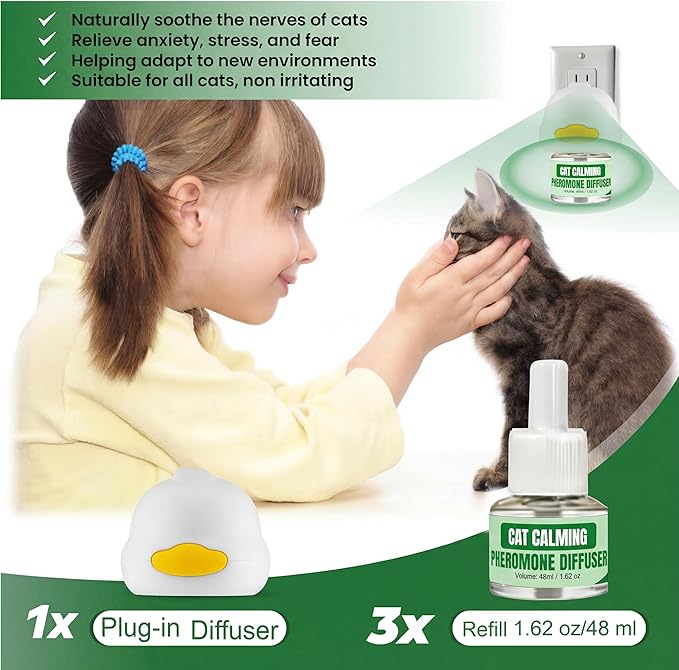 Cat Calming Diffuser Kit with (3 Pack) 48ml Refills Pheromone Diffuser for Cats Anxiety & Stress Relief, Calming Diffuser for Cats to Reduce Fighting & Scratching Cat Pheromone Diffuser