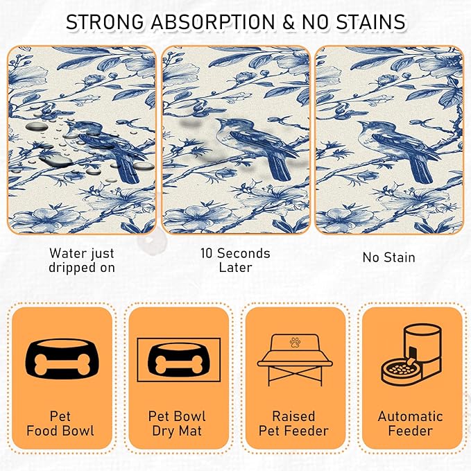 Dog Cat Food Mat - Absorbent Quick Dry Dog Bowl Mats for Food and Water, Anti Slip Cat Feeding Placemat for Floors, Diatomite Pet Dish Matts Accessories Supplies, Floral Bird Style, 12*20in