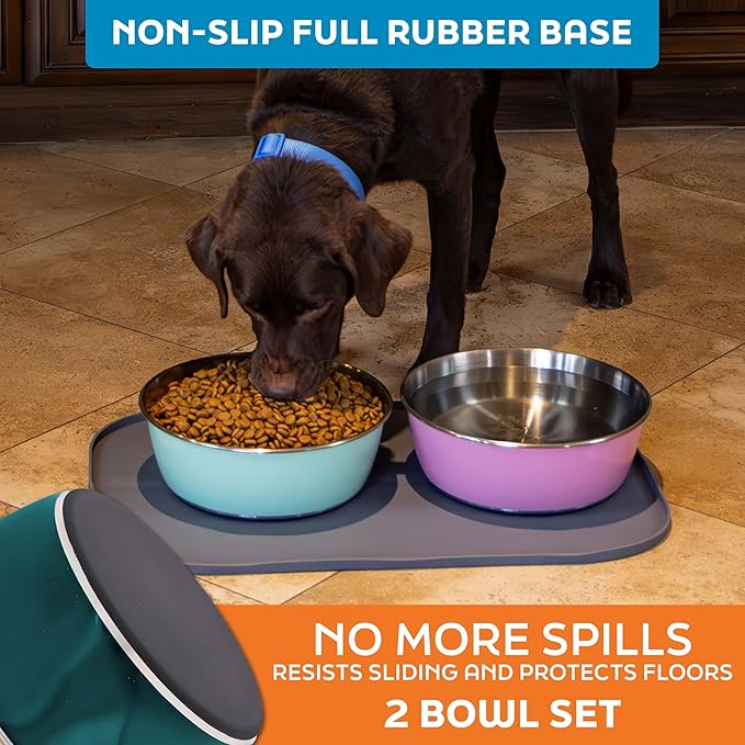 Master Pet Supply Stainless Steel Dog Bowls Set of 2 (64 Oz Each) with Non-Slip Rubber Base - Emerald Sea - Basic Dog Food Bowl Water & Food Bowls for Small Medium Large Dogs & Cats, Metal Dish