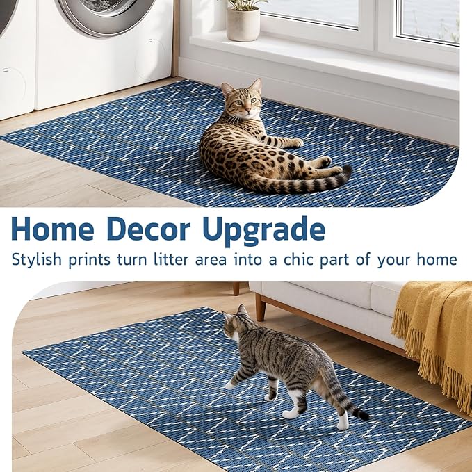 Extra Large Cat Litter Mat, 40x25 Inch Trimable & Soft Foam Pad, Leak-Proof & Non-Slip Bottom, Machine Washable, Scatter Control for Litter Box Area (Navy Chevron)