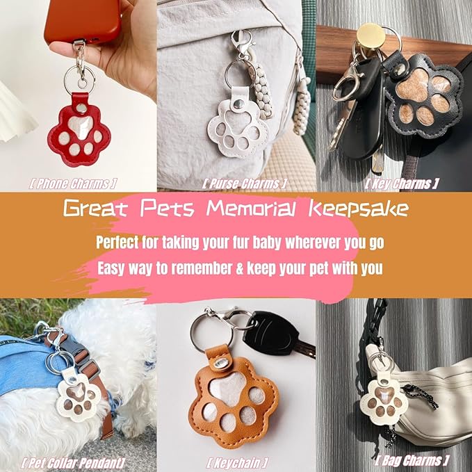 6 Packs Pet Hair Leather Keychain, Dog Cat Fur Storage Paw Keyring, Memorial Keepsake, Collar Bag Purse Key Charms