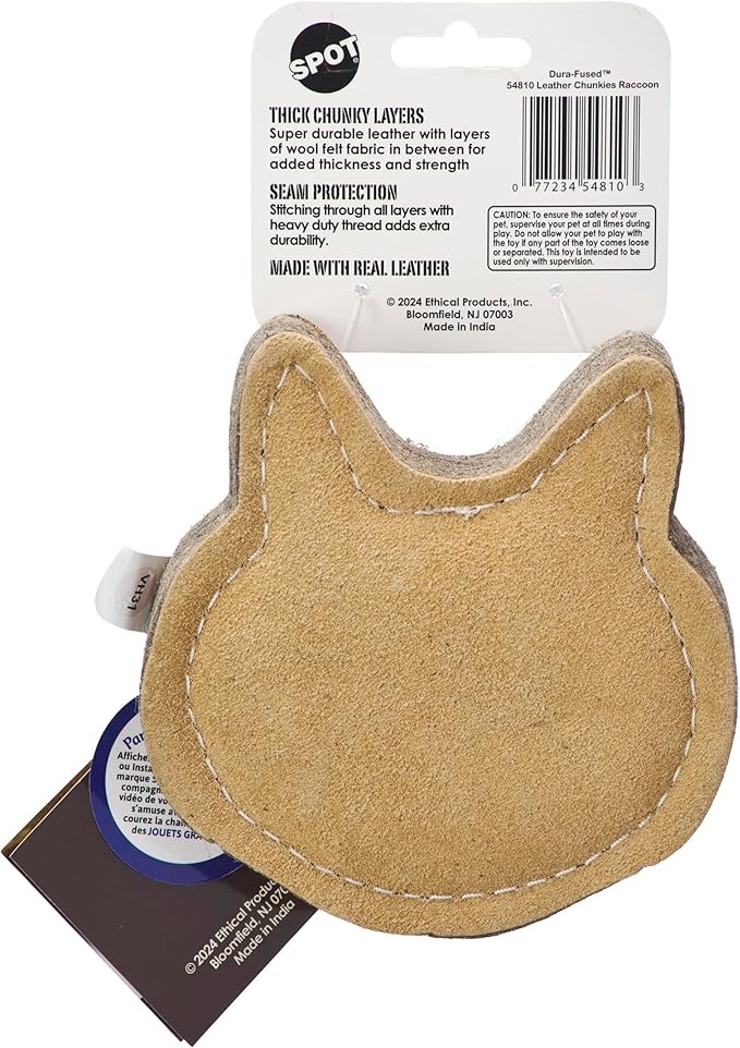 SPOT Dura-Fused Chunkies Raccoon - All Natural Leather and Felt Dog Toy - No Squeak, No Fluff, Durable, Extra Thick Dog Chew Toy for Aggressive Chewers, Great for Adult Dogs and Teething Puppies, 5in