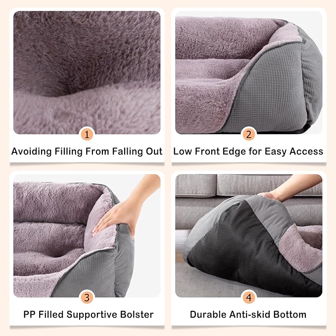 MIXJOY Dog Beds for Small Dogs, Cat Beds for Indoor Cats Washable, Calming Pet Small Size Dog, Soft Rectangle Pet Beds Sofa Cuddler, Orthopedic Cozy Puppy Beds, Anti-Slip Bottom(20x19in, Grey)
