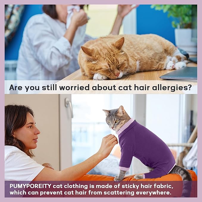 PUMYPOREITY Cat Hair Sticky Shirt – Breathable & Lightweight, Reduces Shedding Fur Pajamas, Prevents Licking Wounds After Surgery, Purple, L