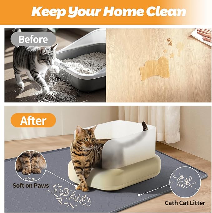 Cat Litter Mat, Extra Large 34" x 22" Silicone Mat Litter Trapping Mat for Scatter Control, Soft on Kitty Paws, Easy to Clean (Dark Grey)