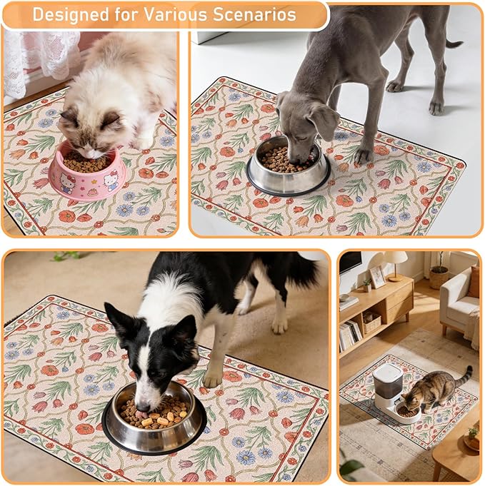 Dog Bowl Mat for Food and Water - Hamdwerk Absorbent Anti Slip Cat Feeding Mats for Floors, Quick Dry Pet Dog Feeding Matts, Diatomite Pet Dish Placemat Supplies, Vintage Floral Style, 17 * 30in