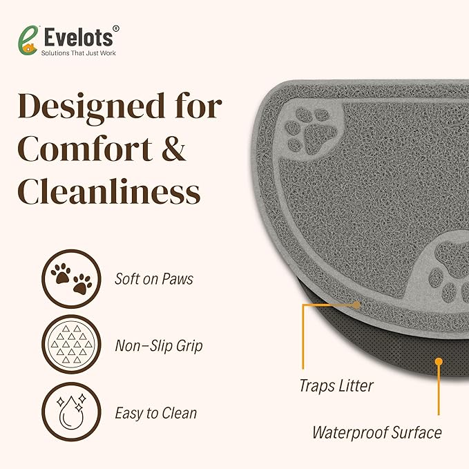 Evelots Cat Litter Mat – Traps Litter & Mess from Box, Absorbent Urine-Proof & Waterproof Floor Protection, Soft on Paws, Non-Slip, Easy Clean, Machine Washable, Unscented, Gray, Small