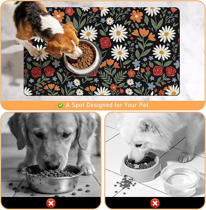Dog Cat Food Mat - Absorbent Quick Dry Dog Bowl Mats for Food and Water, Anti Slip Cat Feeding Placemat for Floors, Diatomite Pet Dish Matts Accessories Supplies, Floral Style, 17 * 30in