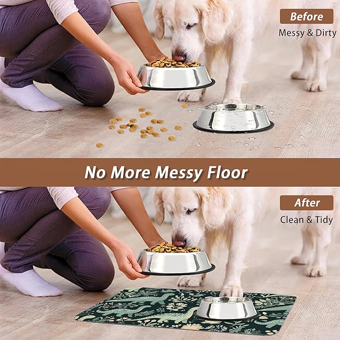 Cute Dinosaur Dog Cat Food Mat,Forest Absorbent Pet Feeding Mat with Rubber Backing,Non-Slip Water Bowl Placemat,Indoor Pet Accessories Supplies 16"x24"