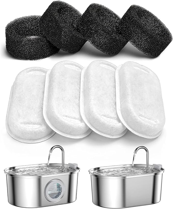 SOOFPET Stainless Steel Cat Water Fountain Filters: 8 Pack Filters (Carbon Filters + Sponge Filters) - Replacement Filters for 108oz cat Fountain