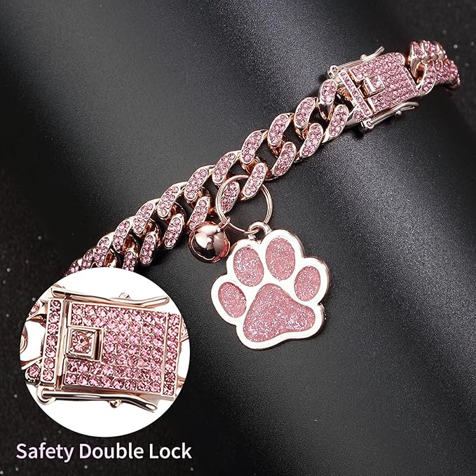 Hillban Cat Collar Diamond Chain Glitter Collar Walking Metal with Secure Buckle Cat Pet Necklace with Paw Charm and ID Tag Bell Link Cuban Jewelry Accessories Gift(12 Inch,Rose Gold, Pink)