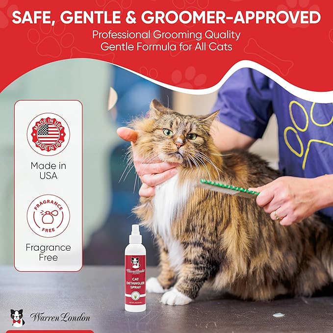 Warren London Cat Detangler Spray Bundle with Pin Brush for Matted Hair | Leave in Conditioner Pet Detangling Spray That Demattes & Refreshes | 8oz w/Pin Brush