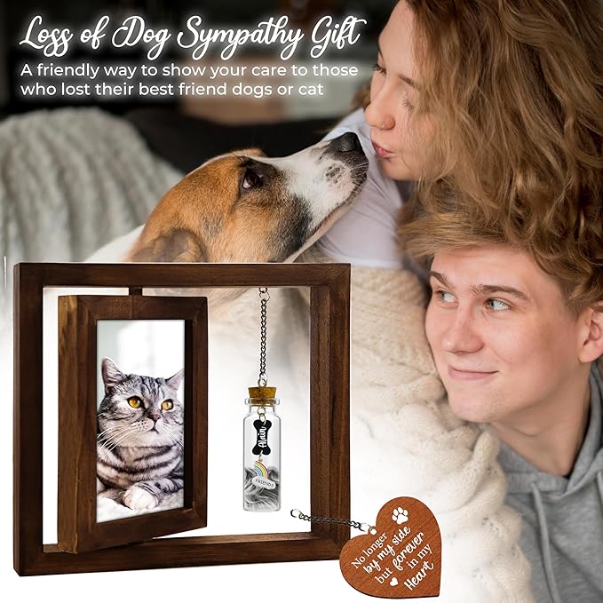 Personalized Wooden Rotating Pet Picture Frame for 4x6 Photo, Memorial Gift for Loss of Dog Cat, Rainbow Bridge Pet Hair Keepsake Fur Jar, In Loving Sympathy Pet Frame, Animal Loss Gift Passed Away