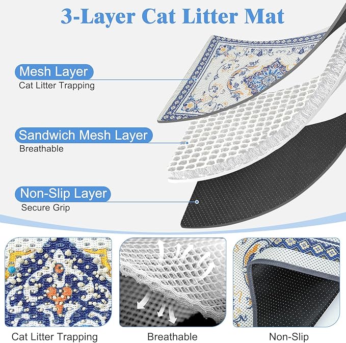 Unicorn Catcher 33X22in Cat Litter Mat Machine Washable Soft 3D Air Mesh Litter Box Rug Non-Slip Backing Quick Dry Scatter Control for Paws,Blue