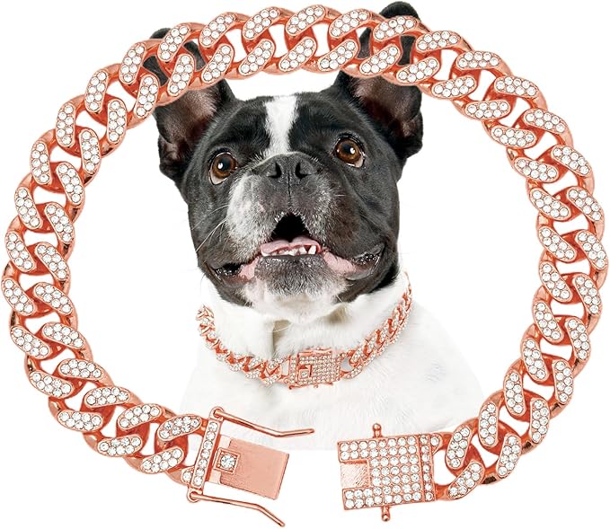 Rose Gold Dog Chain Collars Girl Dog Collars Collar Crystal Dog Necklace Link Chain Collar Chain Dog Collar for Small, Medium and Large Dogs(Rose Gold, 16 Inch)