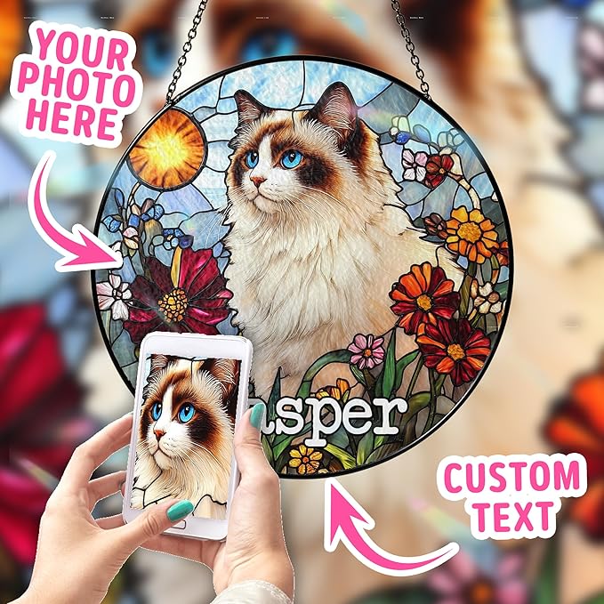 Custom Cat Dog Portrait Art Suncatcher Stained Glass Window Hanging Remembrance Gift Indoor Decor Dog Bereavement Keepsake Loss of Pet Sympathy with Name Date Portrait