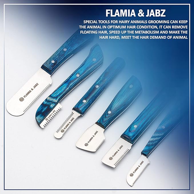 FLAMIA & JABZ FJ Professional Stripping Knife kit (6 pieces set) for Dogs & Pets, Wooden Handle Grip with Stainless Steel Blade (Right handed) (Blue)