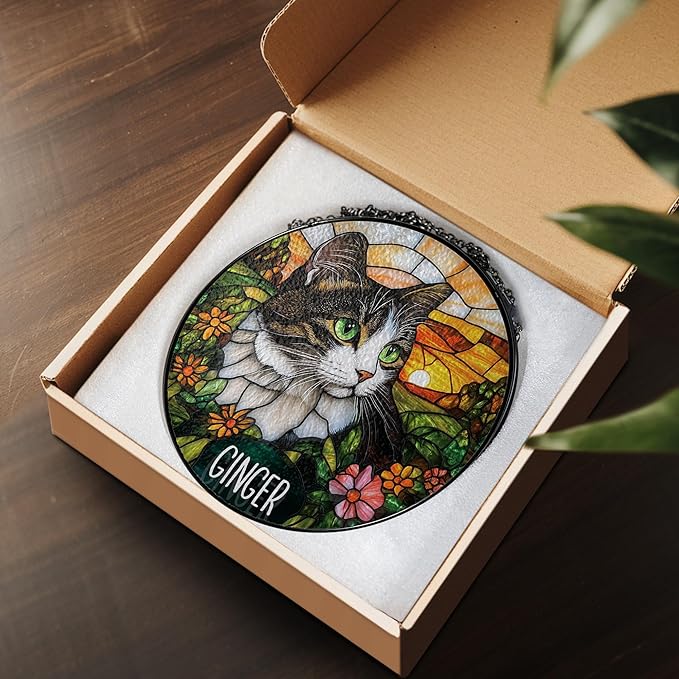 Custom Cat Portrait Art Suncatcher Stained Glass Remembrance Gift Dog Indoor Decor Window Hanging Dog Cat Bereavement Keepsake Loss of Pet Sympathy with Name Date Portrait Gifts