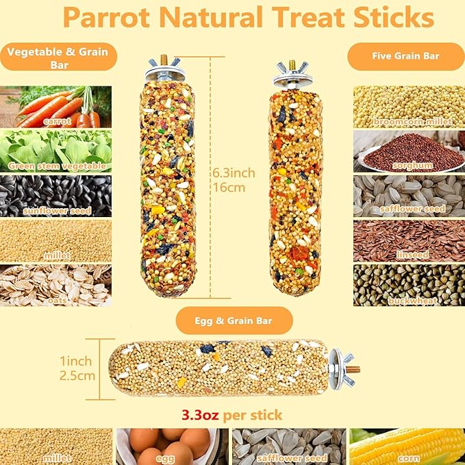 3PCS Parakeet Treat,Natural Parrots Treat Sticks,Vegetable & Grain Style Crunch Sticks,Bird Treats for Cockatiel Budgies Lovebirds Canary Conure Finches
