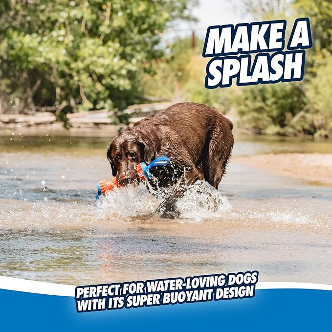 Chuckit! Rugged Bumper Dog Toy, Fetch Stick with TPR Ridges for Easy Grip, Medium Tug-of-War Toy for Medium Dogs, Floats in Water, 13.5", Orange and Blue (not recommended for Aggressive Chewers)