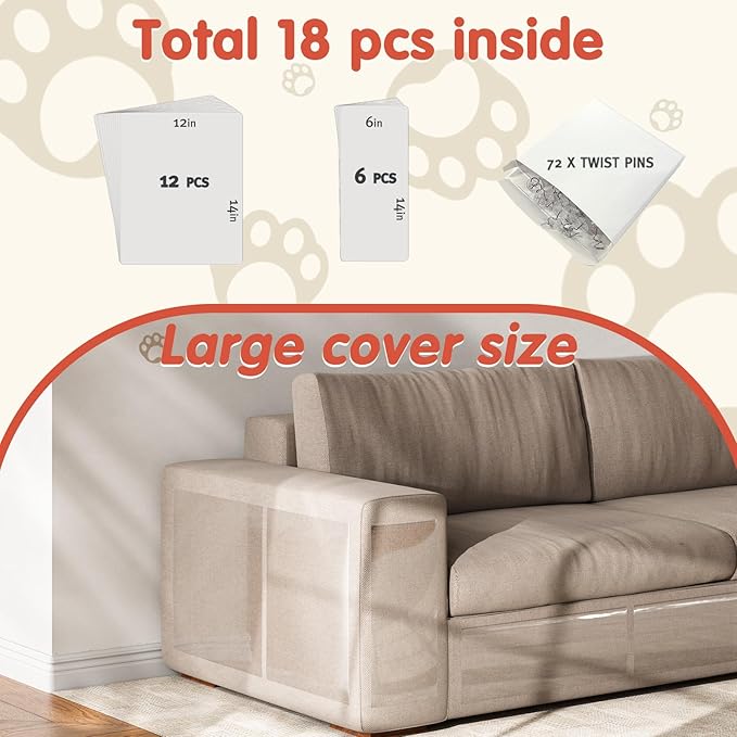 18 PCS Large Cat Scratch Furniture Protector, Transparent Couch Protector from Cat Claws, Single-Sided Self Adhesive Anti Pet Deterrent Sofa Cover, 14IN