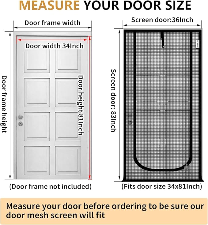 Cat Screen Door 36x83'' Reinforced Cats Resistant Mesh Screen Door with Zipper Closure, Pets Scratch Proof Screen for Living Room, Bedroom, Patio, Fits Openings 34x81''