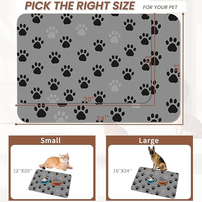 Cat Paw Prints Dog Food Mat for Floors,Gray Black Absorbent Pet Food and Water Bowl Mats,Non-Slip Pet Feeding Mat,Pet Supplies 16" x 24"