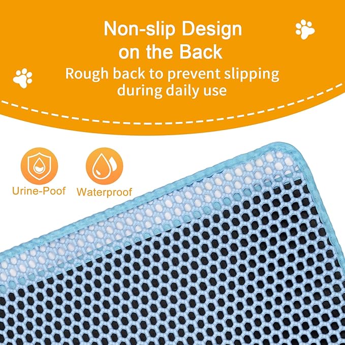 Cat Litter Box Mat for Floor 32"x22", Cat Litter Mat Litter Trapping Mat,2 Layer Llitterbox Mats for Pet kitty,Litter Rug Catcher,Waterproof Urine Proof, Clean Easily, Blue, Medium