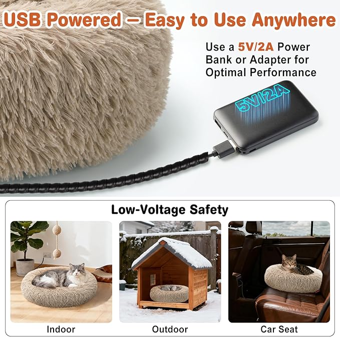 Heated Cat Beds for Indoor Cats and Small Dogs, 24'' Heated Pet Bed with Timer and Temp Adjustable, Cozy Fluffy Round Calming Pet Beds Removable Washable Cover USB Electric Warm Cat Bed- Camel