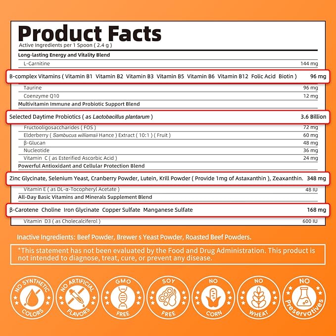 Dog Vitamins and Supplements for Daily Energy, Immune, Antioxidants, Gut, Skin & Coat, Dog Multivitamin Powder for Homemade Food with L-Carnitine, Taurine, Probiotics - Beef Flavor, 75 Scoops