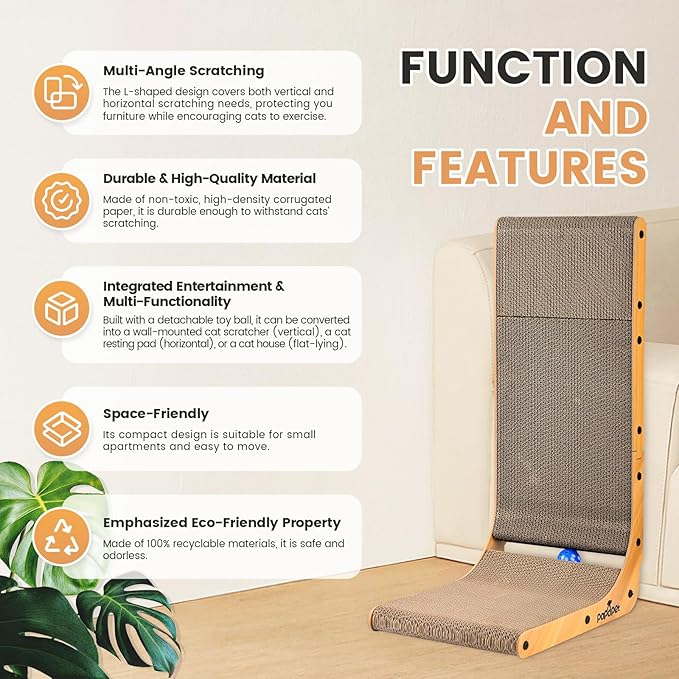 PaPaPet Cat Scratcher, 26.8 Inch L Shape Cat Scratchers for Indoor Cats, Protecting Furniture Cat Scratch Pad, Cardboard Cat Scratching with Ball Toy