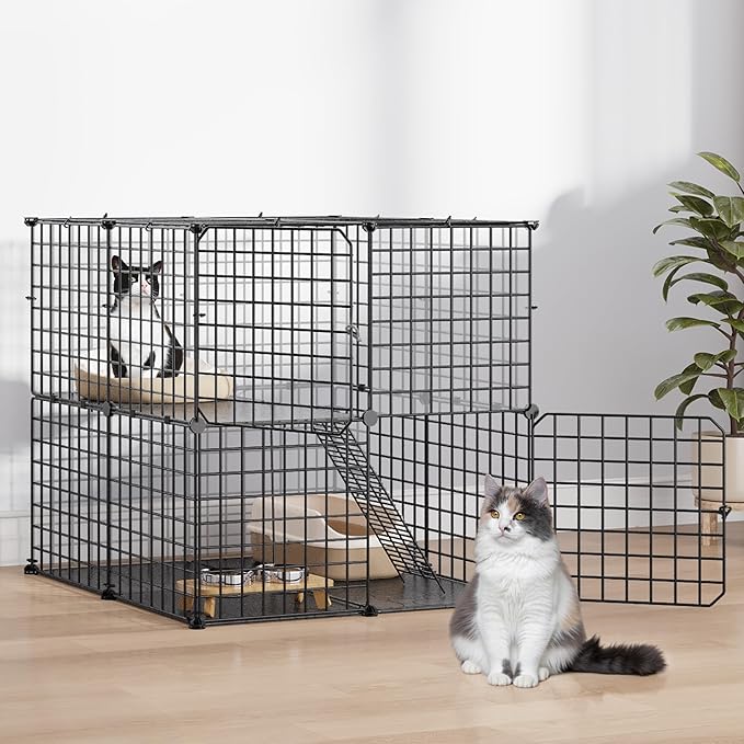 DWVO Cat Enclosure for Kittens, 2-Tier Pet Cage for Small Animals, Kitty Playpen House for Indoor Outdoor Black
