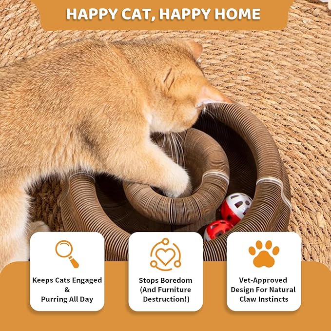 1 Pack Cat Scratcher Toy with Balls Bells, Magic Organ Foldable Cat Scratching Board for Kitten, Interactive Toys for Indoor Adult Cats Exercise Anxiety Relief, Auburn