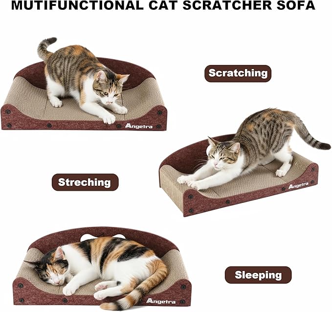 26" Cat Scratcher Bed, Large Scratcher Couch for Indoor Cats, Cardboard Scratcher Sofa, Durable Scratch Pad with Ball & Catnip, Furniture Protector (Brown, Large)