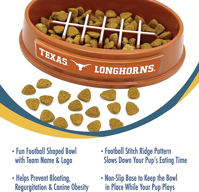 NCAA Super-Bowl - Texas Longhorns Slow Feeder Dog Bowl. Football Design Slow Feeding Cat Bowl for Healthy Digestion. Non-Slip Pet Bowl for Large & Small Dogs & Cats