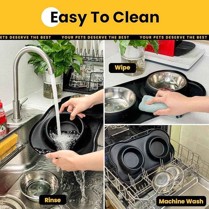 Medium Pet Feeding Station, 29oz Stainless Steel Dog Bowls Set, No Spill Food & Water Dishes with Non Slip Silicone Mat for Breeds Up to 55 Lbs,Black