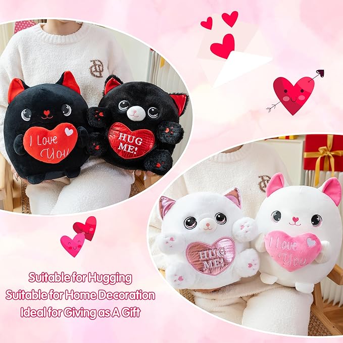 Cat Plush White Cat Stuffed Animal Toy Holding Heart with I Love You, Valentine Plush with Pink Heart for Mother's Day, Girlfriend Valentine Party Favor(White, 10 Inch)