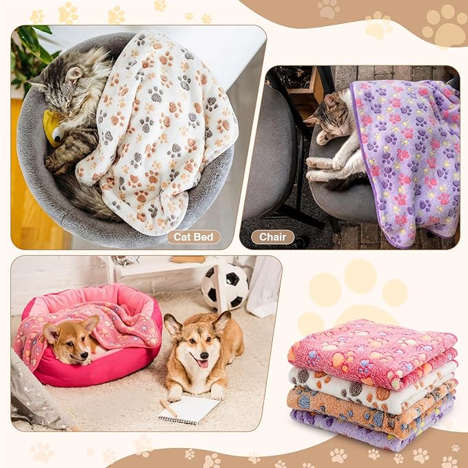 Tatuo 4 Pcs Dog Blanket for Pet Puppy Teething Toys Paw Print Fleece Blanket for Pet Cat Soft Warm Sleep Mat Guinea Pig Cage Mat (White, Coffee, Pink, Purple,29 x 29 Inches,Round)