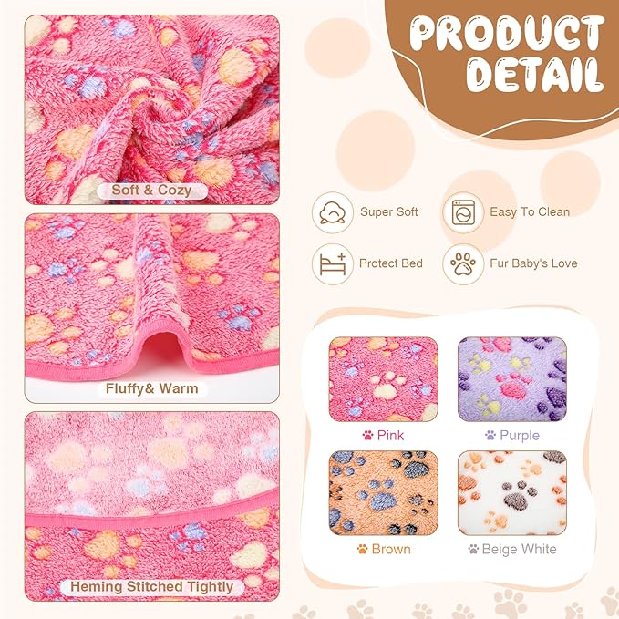 Tatuo 4 Pcs Dog Blanket for Pet Puppy Teething Toys Paw Print Fleece Blanket for Pet Cat Soft Warm Sleep Mat Guinea Pig Cage Mat (White, Coffee, Pink, Purple,29 x 29 Inches,Round)