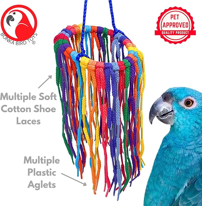 Bonka Bird Toys 51213 Large Aglet Heaven 9" Pk2 Hanging Cotton Shoelace Ring Toy for Medium to Large Birds Like Eclectus Amazons African Greys