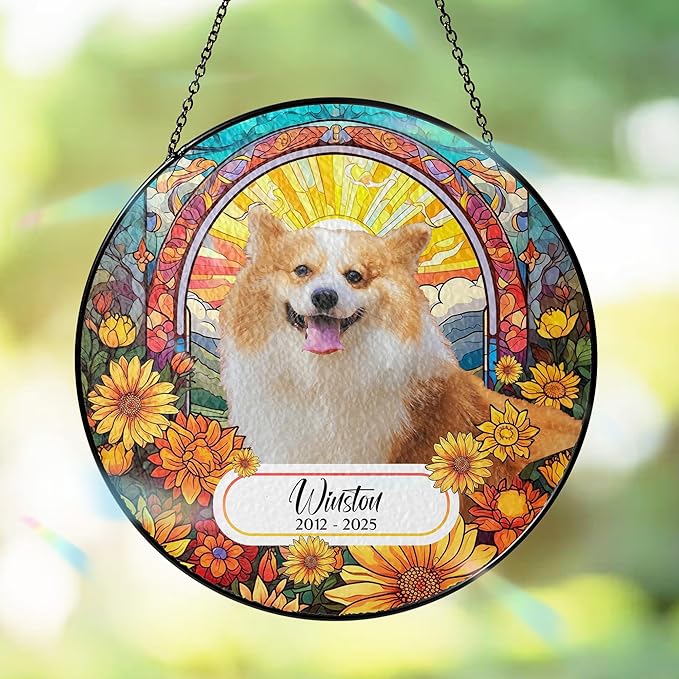 Custom Dog Portrait Art Suncatcher Stained Glass Remembrance Gift Indoor Decor Window Hanging Cat Bereavement Keepsake Loss of Pet Sympathy with Name Date Portrait Gifts