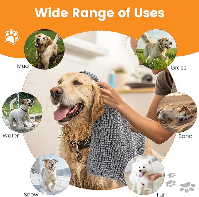 Smiry Chenille Dog Drying Towel, Extra Absorbent Bath Towel for Mud Dogs, Ultra Soft Quick Dry Pet Wash Mitt for Bathing, Grooming and Post-Walk Cleaning (38x15 Inches, Grey)